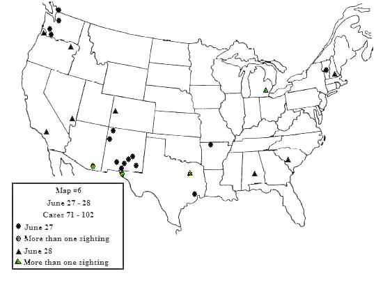 Map showing the distribution of 175 sighting reports from June 1-July 2, 1947